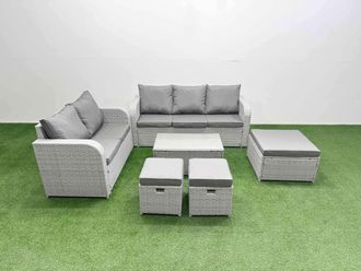 Fimous 8 Seater PE Rattan Wicker Garden Furniture Patio Conservatory Sofa Set with Rectangular Coffee Table 3 Seater Sofa Love Sofa 3 Stool