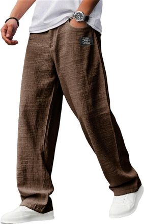 Generic Mens Straight Leg Pants Casual Long Solid Elastic Waist Trousers Loose Fit Going Out Pants with Pockets (Brown,XXL)