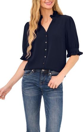 CeCe by Cynthia Steffe V-Neck Button-Up Shirt in Classic Navy at Nordstrom, Size Medium