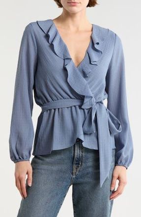 Max Studio Ruffle Long Sleeve Faux Wrap Top in Flint Blue at Nordstrom Rack, Size X-Large