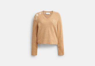 Coach Distressed Long Sleeve V-Neck Sweater