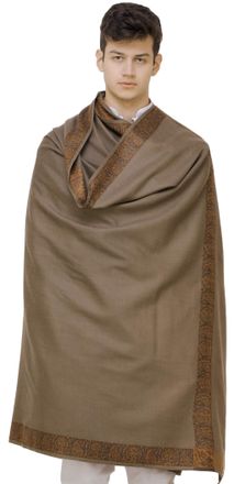 Exotic India Plain Mens Shawl with Brown Woven Border - Color Otter BrownColor One Size fits Most