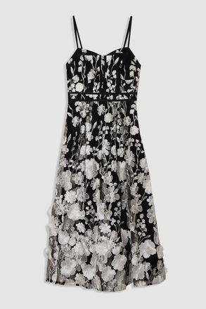 Karen Millen Womens Floral Applique Corset Detail Woven Midi Dress - Monochrome Multi Polyamide - Size 16 UK