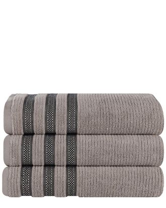 Superior Set Of 3 Brea Zero Twist Cotton Ribbed Geometric Border Plush Bath Towels
