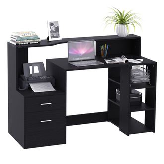 Carter's Wooden Computer Desk PC Table Modern Home Office Writing Workstation Furniture Printer Shelf Rack W/ Storage Drawer & Shelves (Black) Executive - CART