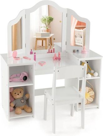 Costway Set Toeletta per Bambini 2 in 1, Set Postazione Trucco in Legno con Sedia, Specchio a 3 Ante Rimovibile e 4 Scomparti, per Bambini 3+ Anni