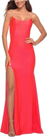La Femme Scoop Neck Prom Dress In Neon Coral