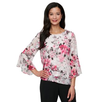Alex Evenings Blouse Top Womens Multicolor Floral Chiffon Bell Sleeve PALL506