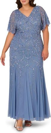 Adrianna Papell Beaded Mesh Gown in French Blue at Nordstrom, Size 18W