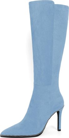 elashe Womens Suede Knee High Boots Light Blue Ladies Knee length Long Heeled Boots for Women UK with Beads Stiletto 9.5 CM(3.75 inches) High Heels Pointed T