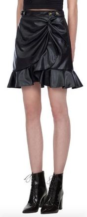 Self Portrait Black Faux Leather Flounced Mini Skirt Size XS