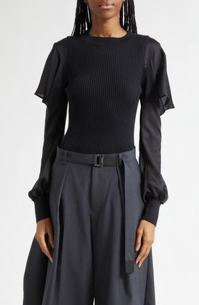 sacai Satin x Cotton Knit Pullover in Black at Nordstrom, Size 3