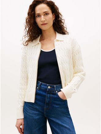Tommy Hilfiger Womens Boxy Fit Cable Knit Zip Cardigan - White - XXL