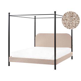 Beliani Cama Con Dosel De Metal Negro Retro Minimalista Somier De Listones Madera De &Aacute;lamo Tapicer&iacute;a De Boucl&eacute; Gris Pardo 160 X 200 Cm Dannemois