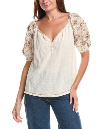 Max Studio Elbow Sleeve Embroidered V-Neck Top