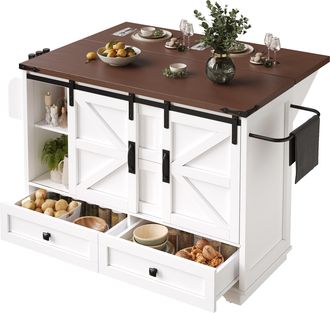 STILVORA Carro De Cocina Con Puertas Correderas Y Tablero Plegable Y Estantes Ajustables Para Cocina En Mdf Blanco