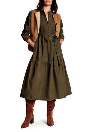 Boden Cecily Belted Long Sleeve Cotton Corduroy Midi Dress in Woodland Green at Nordstrom Rack, Size 6