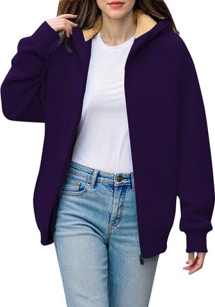 Generic Winter Jackets for Women UK, Ladies Hoodies with Zip, Warm Sherpa Fleece Lined Coat with Pockets Teddy Fleece Jacket Hoodie (1-Dark Purple, XXXXXL)