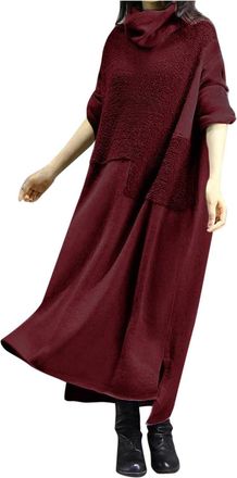 Generic Long Sleeve Maxi Dress for Women UK, Solid Splice Dress Winter Plush Warm Dress Casual Maxi Plus Size Dress Knee Length Long Dress Elegant Vintage Dre