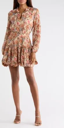 Lulus Zoe Long Sleeve Chiffon Minidress in Taupe/Orange Floral at Nordstrom Rack, Size X-Large