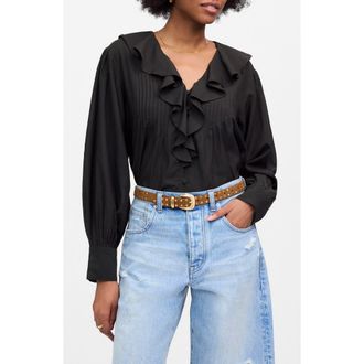 Madewell Ruffle Pintuck Long Sleeve Top in True Black at Nordstrom Rack, Size Xx-Large