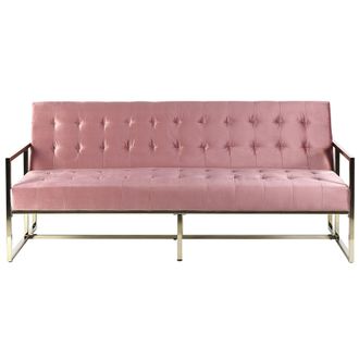 Beliani Sof&aacute; Cama Tapicer&iacute;a Capiton&eacute; De Terciopelo Rosa 3 Plazas Marco De Metal Dorado Con Apoyabrazos Estilo Retro Marstal