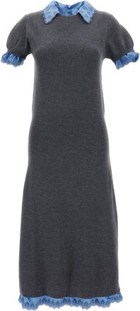 Paco Rabanne Grey/Light Blue Embroidered Satin Wool-Cashmere Midi Dress
