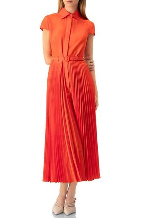 Ivonne Short Sleeve Shirt Style Pleated Maxi-Dress in Orange at Nordstrom, Size 14