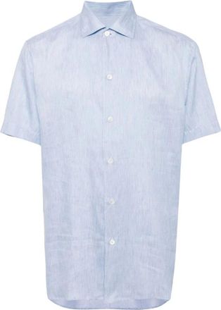 Brioni Short Sleeve Shirts, male, Blue, XL, Sky Blue Camp Collar Shirt
