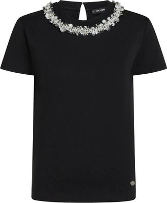 Karl Lagerfeld T-shirt met parelafwerking - Dames - Tops - Zwart - Maat: M Katoen