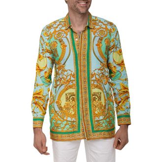 Ranee&rsquo;s Extra Trim Fit Print Linen & Cotton Button-Up Resort Shirt in Yellow Multi at Nordstrom Rack, Size Xx-Large