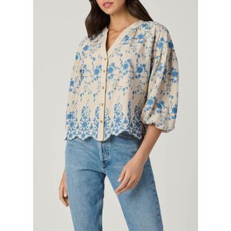 Shoshanna Fred Serra Embroidery Top in Flax/powder Blue at Nordstrom, Size X-Small