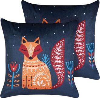 Beliani Conjunto De 2 Cojines Decorativos De Terciopelo Para Ni&ntilde;os Con Funda Extra&iacute;ble Con Cremallera Incorporada Estampado Animal De Zorro Azul Oscuro Firesp