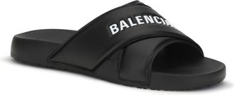 Balenciaga Mens Cross-Logo Slides Black-White Rubber Sandal Black/white