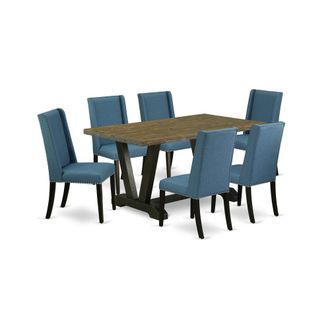 East West Furniture 7-Piece Stylish Dining Room Set a Great Distressed Jacobean Wood Dining Table Top and 6 Attractive Linen Fabric Parson Chairs