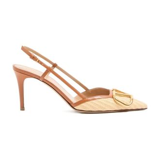 Valentino Garavani Pumps, female, Beige, Size: 6 1/2 US Vlogo Signature Leather Slingback Pumps