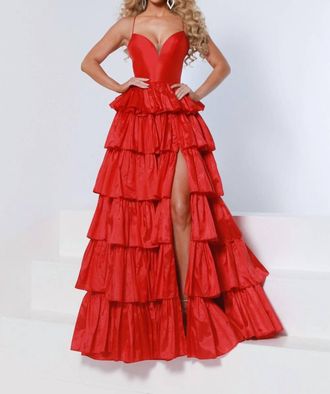Johnathan Kayne Dreamy Ruffle A-Line Gown In Cherry