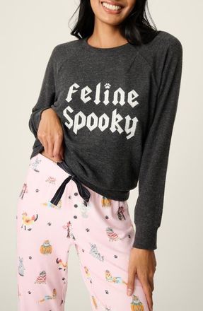 PJ Salvage Feline Spooky Long Sleeve Pajama Top in Heather Slate at Nordstrom, Size X-Large