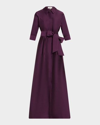 Teri Jon 3/4-Sleeve Taffeta Shirtdress Gown