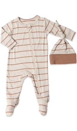 Everly Grey Jersey Long Sleeve Footie & Hat Set in Mocha Stripe at Nordstrom, Size Newborn