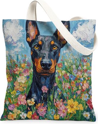 Generic Spring Doberman Dog Canvas Tote Bag for Shopping 13x15, Oil Painting Wildflower Puppy Reusable Grocery Print Pattern Bag for Women, Fun Pet Beach Aest