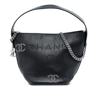 Chanel Black Small Perforated Calfskin Logo Eyelet Bucket Bag