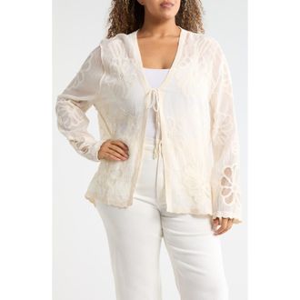 Forgotten Grace Floral Embroidered Tie Front Cardigan in Natural at Nordstrom Rack, Size 2 X