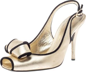 Sergio Rossi Gold Leather Bow Slingback Sandals