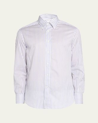 Brunello Cucinelli Mens Stripe Cotton Slim-Fit Button-Down Shirt