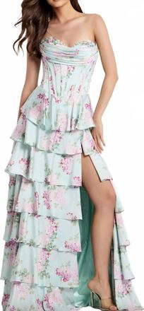 Jovani Strapless Tiered Floral Gown With Slit In Mint Multi