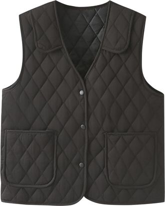 Generic Ladies Gilets and Bodywarmers Womens Outwear Quilted Gilet Lightweight V-Neck Button Sleeveless Jacket with Pockets Casaual Padded Fleece Outwear Cozy