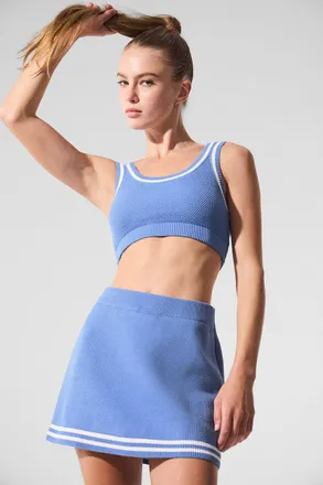 Alo | Tennis Club Sweater Knit Bra Top in Crystal Clear Blue/White, Size: Medium
