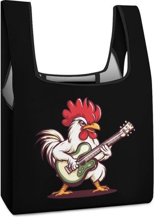 Generic Rooster Playing Guitar Shopping Bag Reusable Grocery Tote Bag Foldable Handbag for Travel Picnic