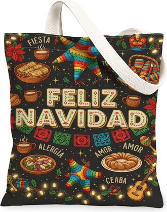 Generic Christmas Star Canvas Tote Bags, Colorful Holiday Design Reusable Grocery Bags, Vintage Festive Lightweight Washable Should, Black, 13x15 Inch